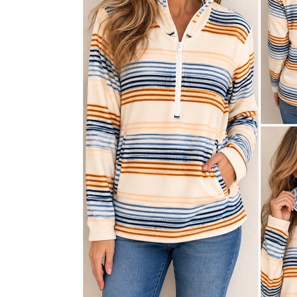 O'Neill Fleece Pullover Women Large Cream Striped Excellent Hooded 1/4 Zip surf